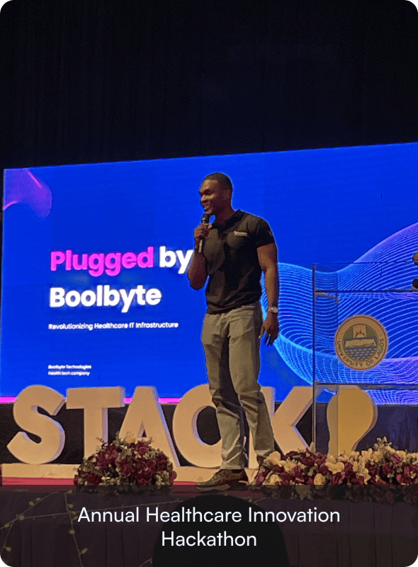 A speaker presenting at the annual healthcare innovation hackathon