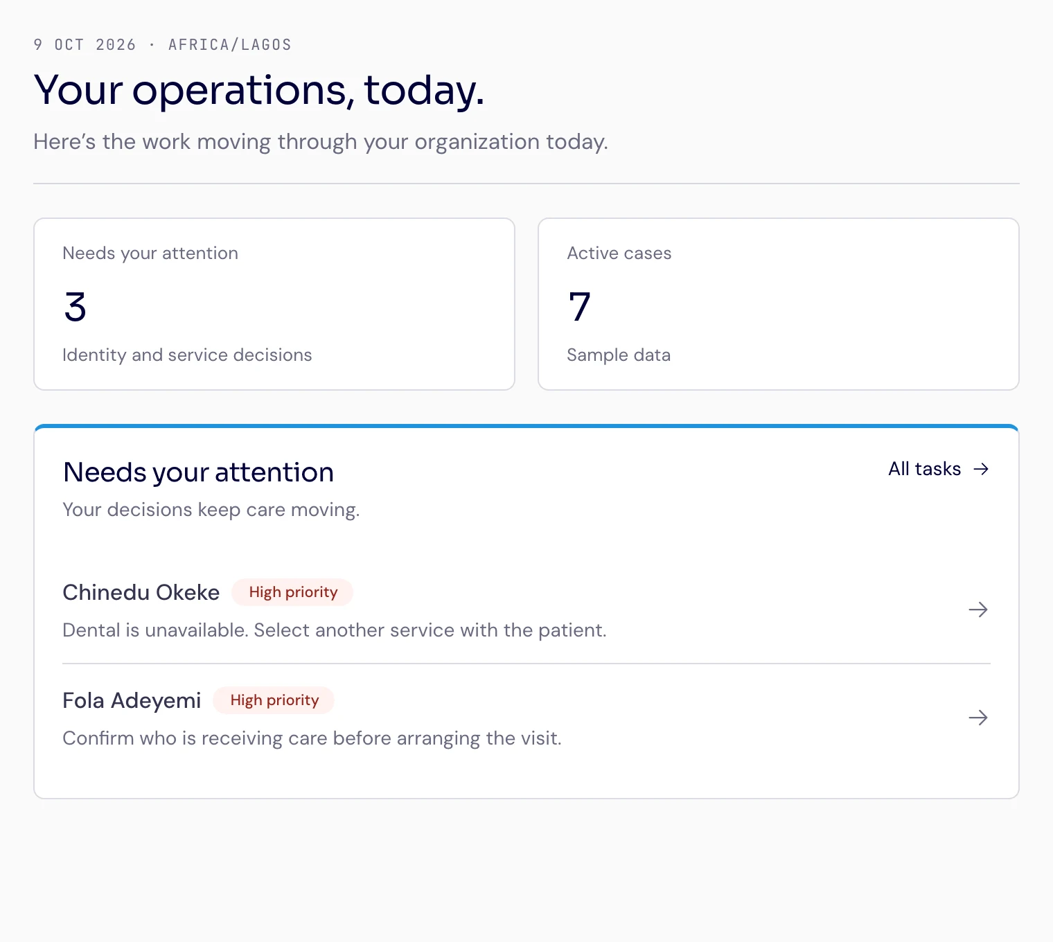 Example ByteOps workspace showing Access cases, tasks needing attention, and clinic appointments. Sample data.